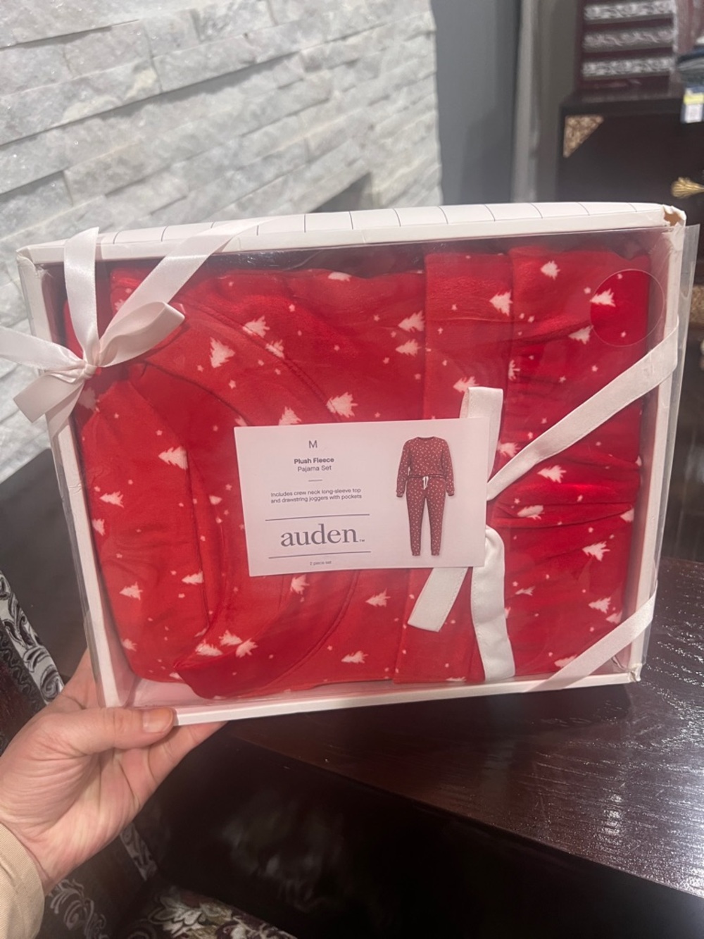 Auden Red Plush Fleece Pajama Set with White Tree Print